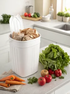A visually appealing graphic depicting a nearly empty trash bin with fresh produce next to it, highlighting the reduction of food waste through MealMatch's smart features.