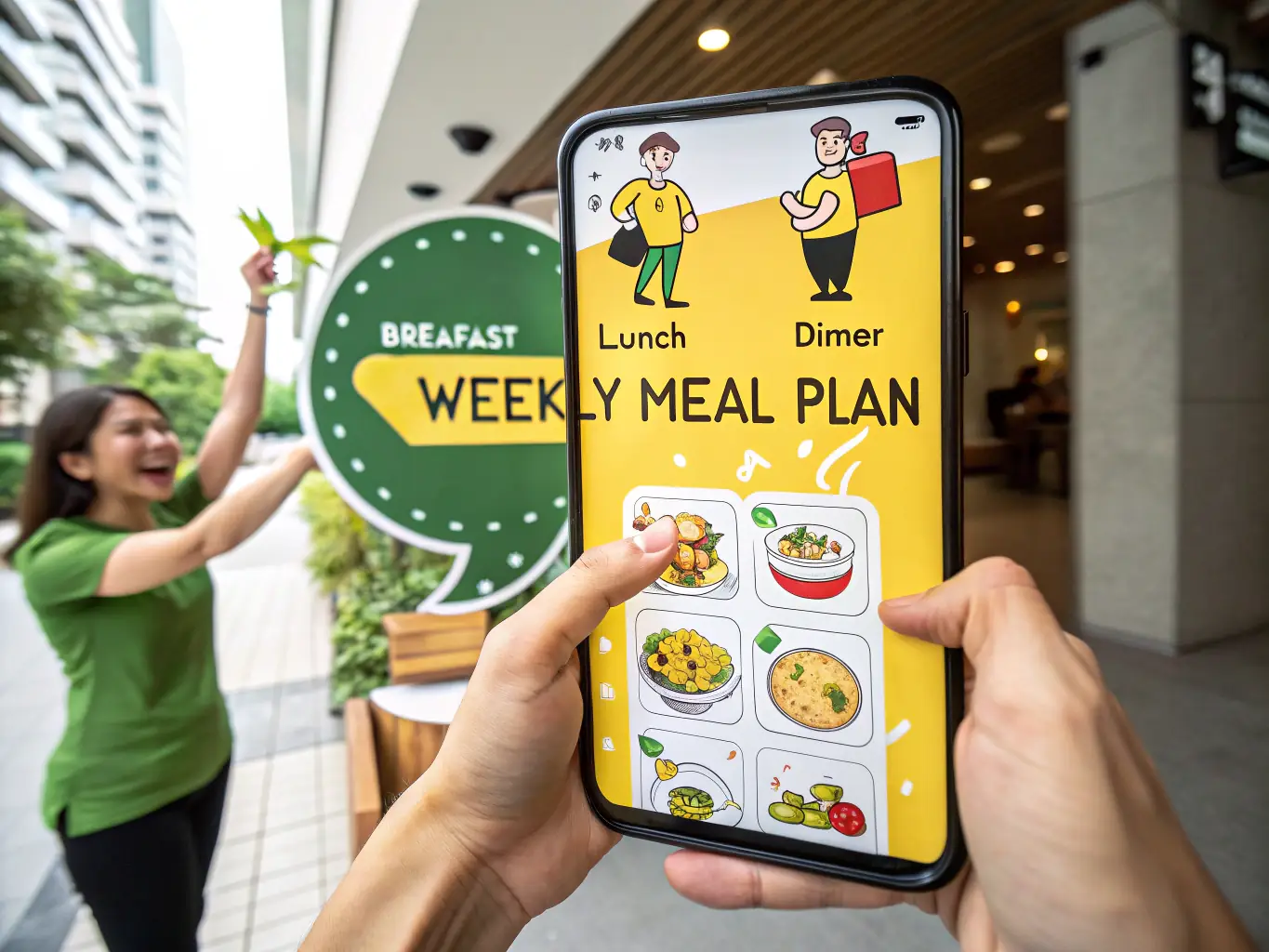 An illustration of a user-friendly app interface displaying a weekly meal schedule with colorful meal icons, representing MealMatch's personalized meal planning feature.