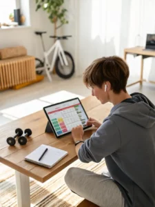 A vibrant image showcasing a person effortlessly planning meals on the MealMatch app, smiling and relaxed, with a calendar and healthy food icons in the background, symbolizing time savings.