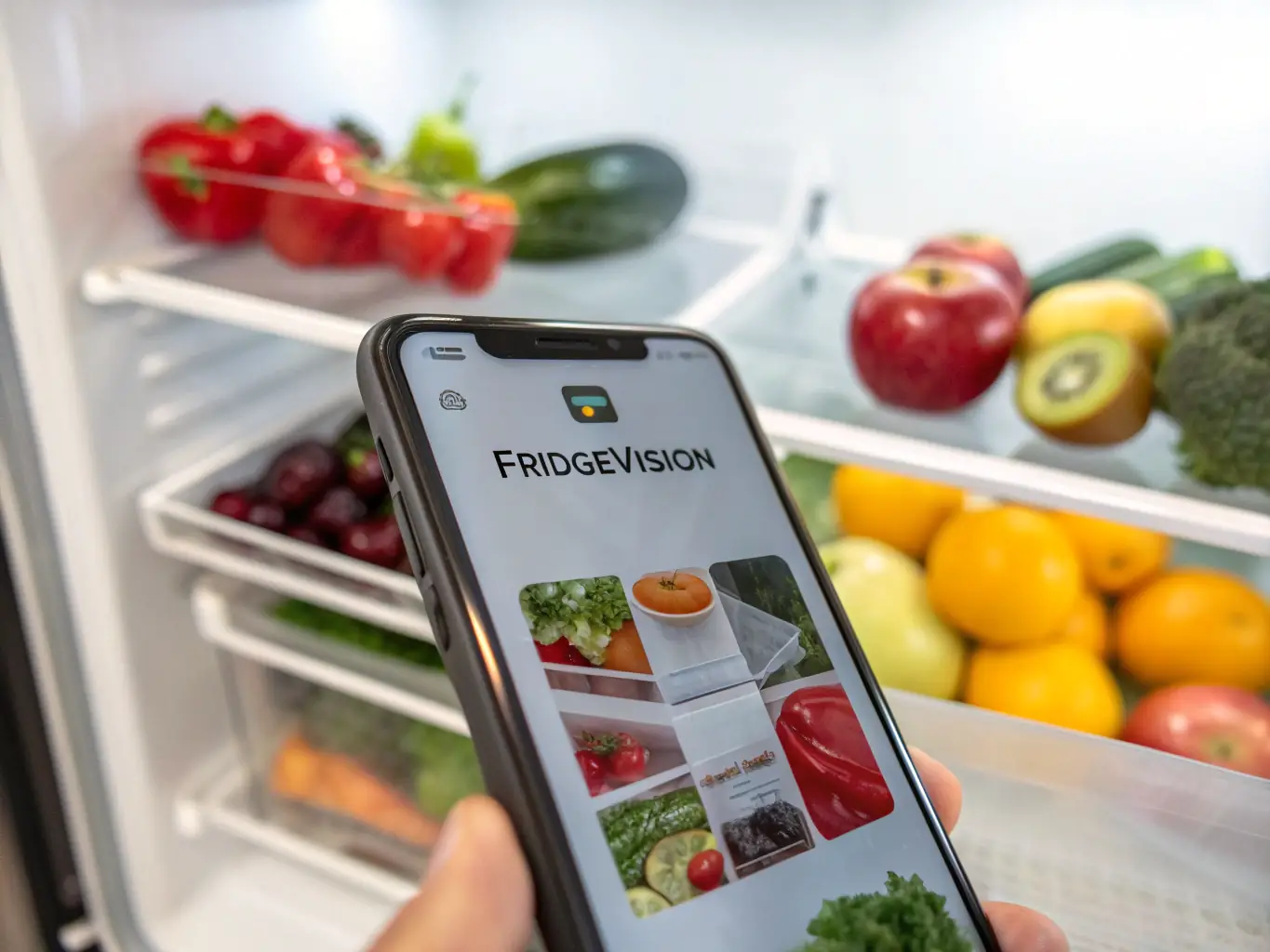 A creative image showing a refrigerator filled with various ingredients, with the MealMatch app suggesting a recipe on a nearby smartphone, emphasizing the feature's ability to utilize existing food items.