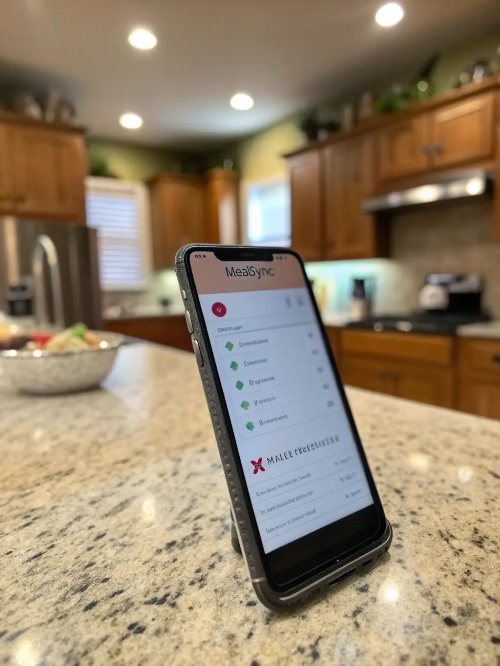 An image depicting a smart grocery list generated by MealMatch, displayed on a smartphone, with options for easy integration with local supermarkets.