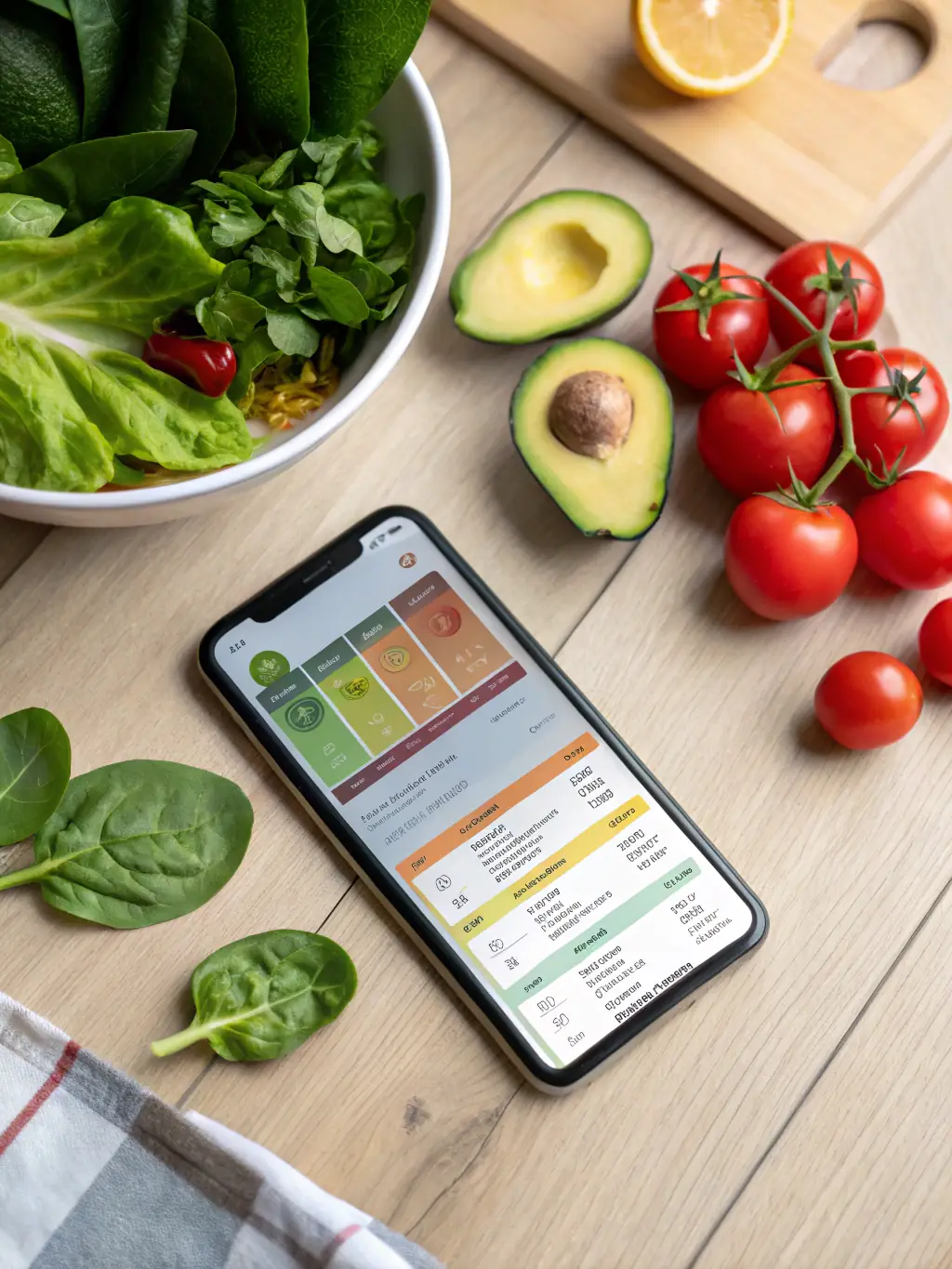 A vibrant image showcasing a personalized weekly meal plan generated by MealMatch, displayed on a tablet with various healthy recipes and dietary information visible.