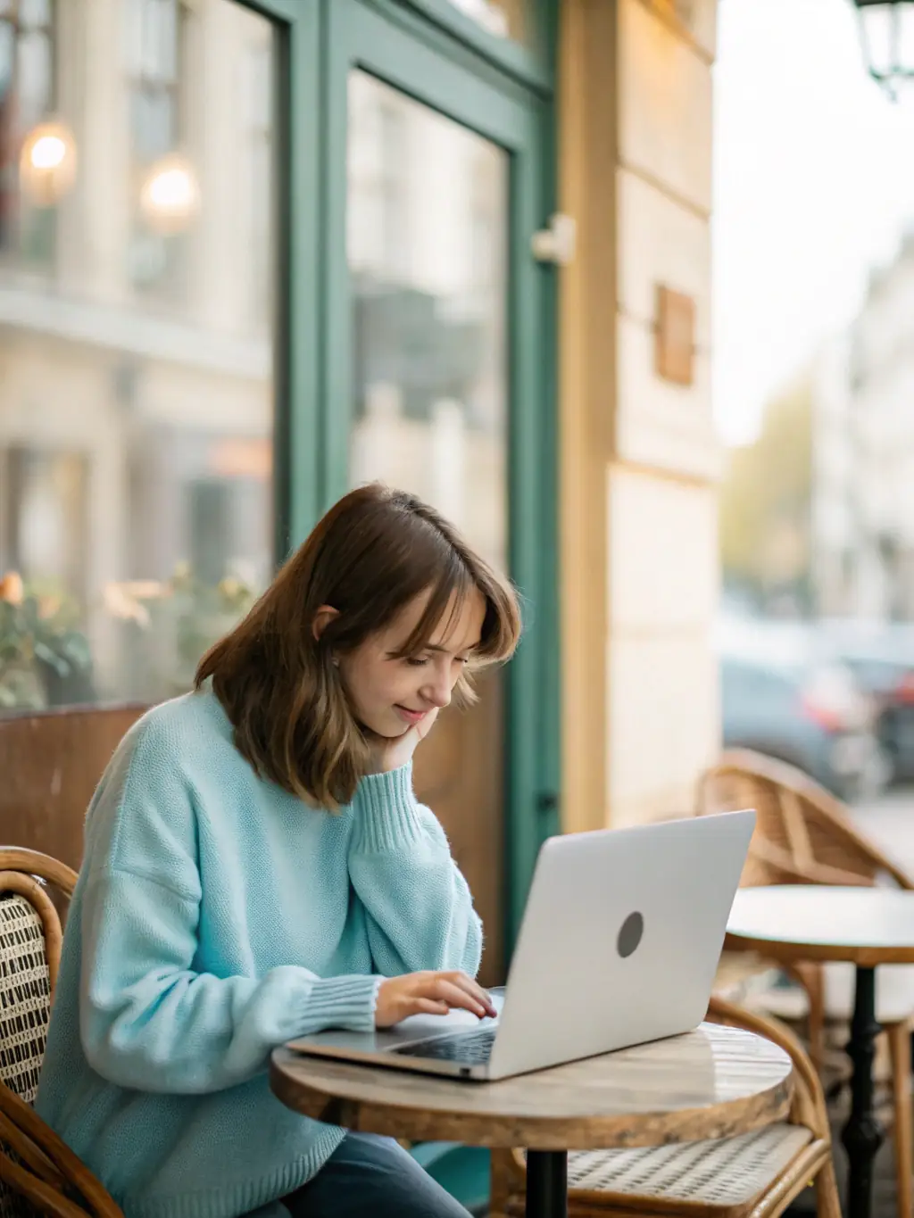 A person happily using the free version of the service on their laptop in a cozy cafe, showcasing the accessibility and convenience of the basic plan.