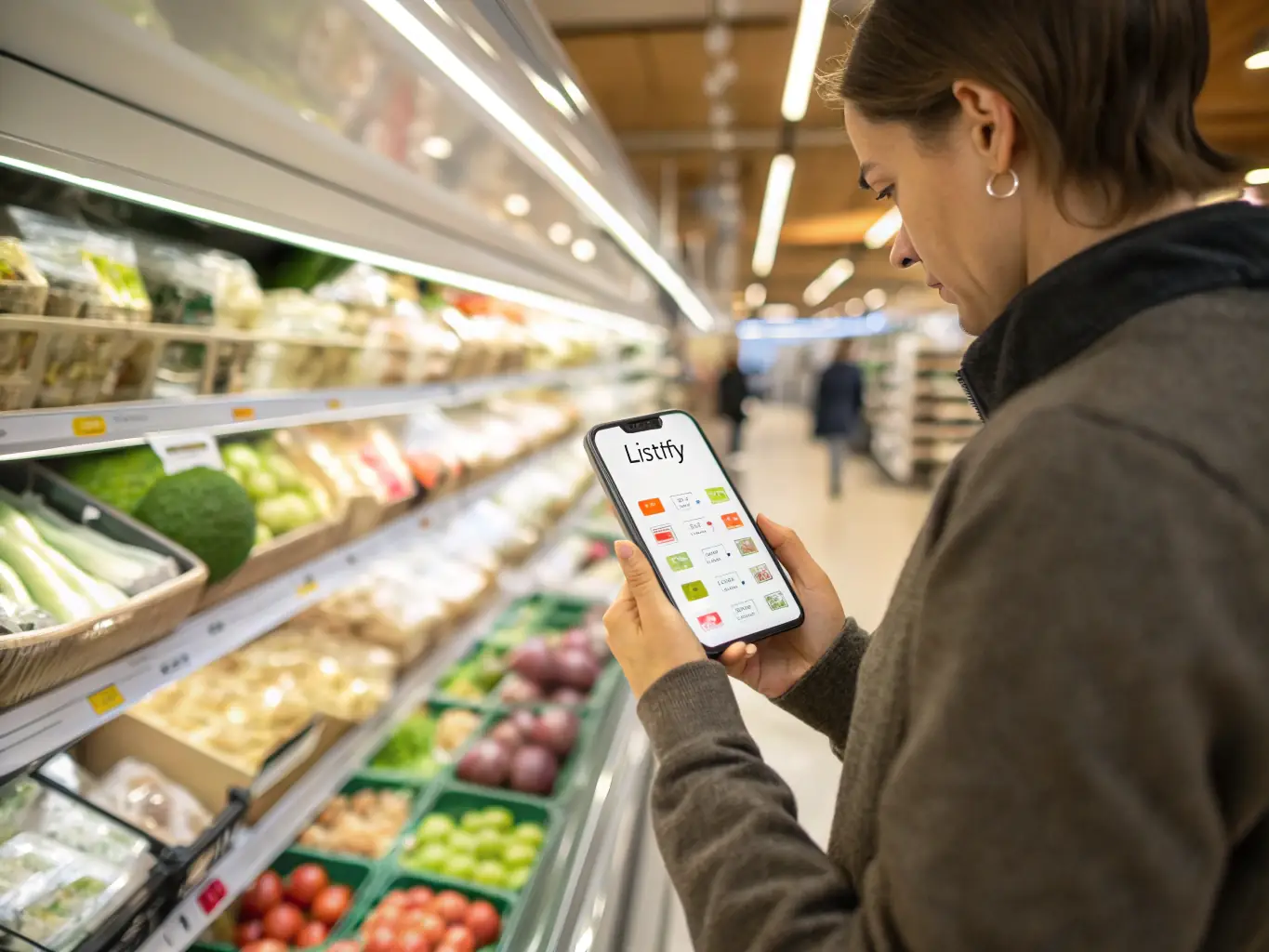An image depicting a smart grocery list generated by MealMatch on a smartphone, with clearly organized categories and items, set against a backdrop of a modern supermarket aisle.