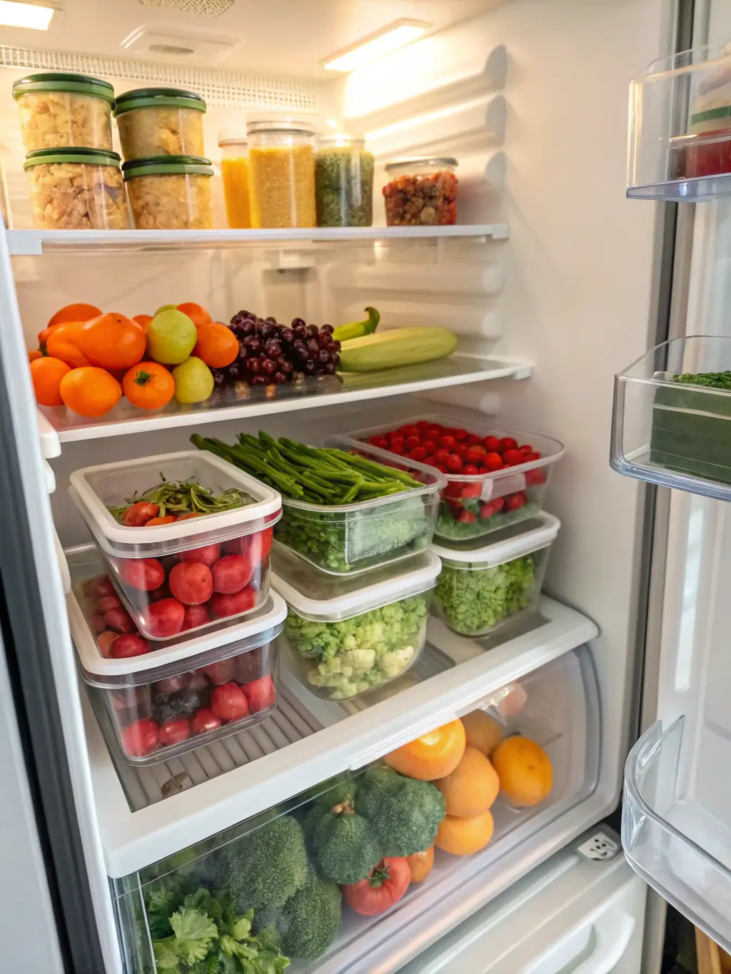 A photo of a refrigerator with MealMatch suggesting recipes based on the available ingredients, displayed on a smartphone held by a user.
