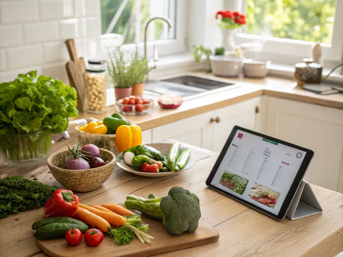 A vibrant image showcasing a diverse and colorful weekly meal plan generated by MealMatch, displayed on a tablet with a user smiling in the background, suggesting ease of use and satisfaction.