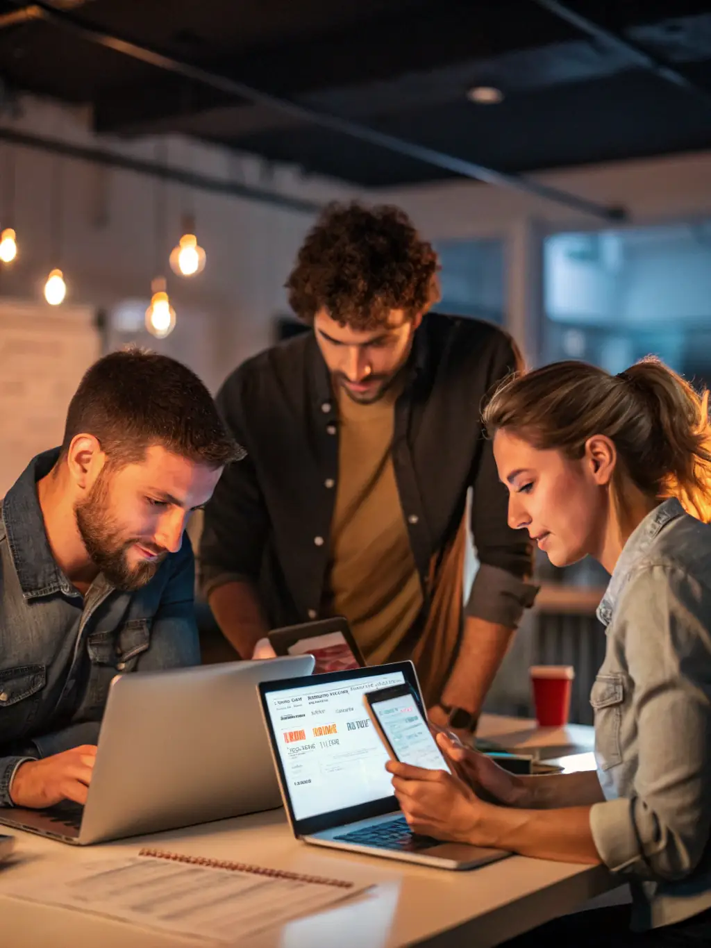 A person working collaboratively with team members in a modern office, using the monthly plan features on multiple devices.